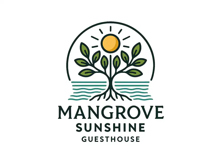 Mangrove Sunshine Guesthouse Official Logo Official logo of Mangrove Sunshine Guesthouse featuring a mangrove tree, sun, and ocean waves